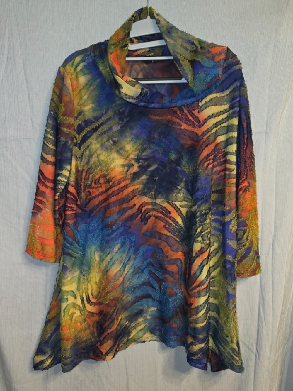 Damee Rainbow Watercolor Tiger Cowl Neck Soft Jersey Tunic Multi Animal Print